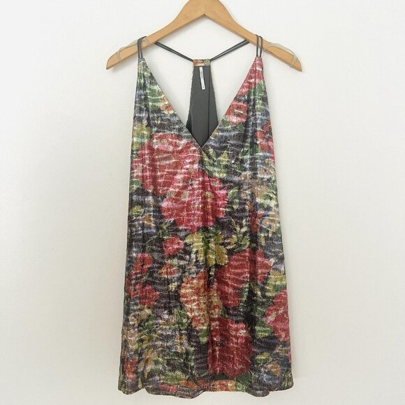 Free People Dresses & Skirts - Free People Tangier Sequin Floral Mini Dress S Cocktail Deep V Boho Fairy Sexy